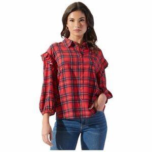 SUGARLIPS, NWT, WOMENS, RED WOODLAND PLAID SHIRT. DROP SHOULDERS. SIZE XS